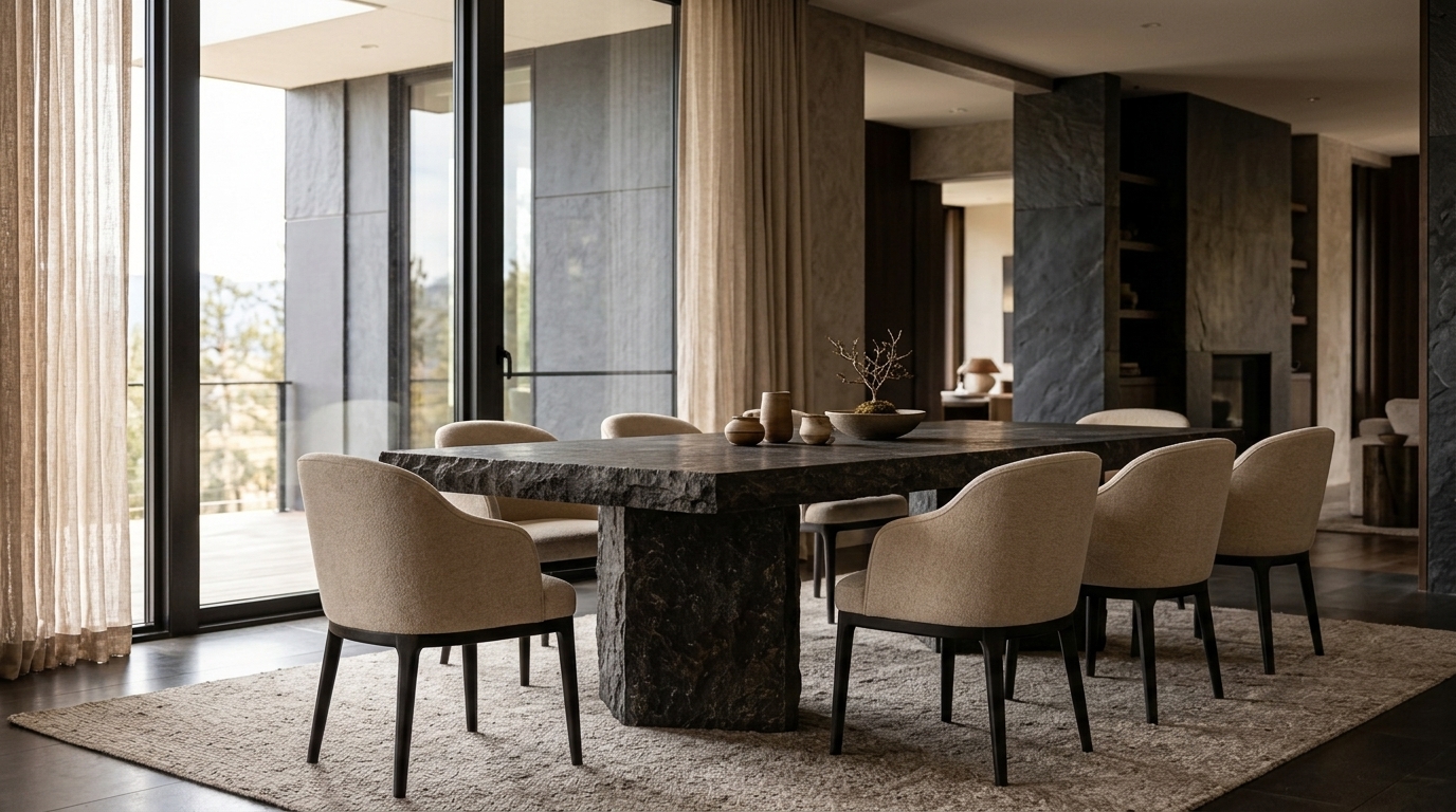 Large dark stone dining table surrounded by comfortable upholstered chairs in a sunlit contemporary residence