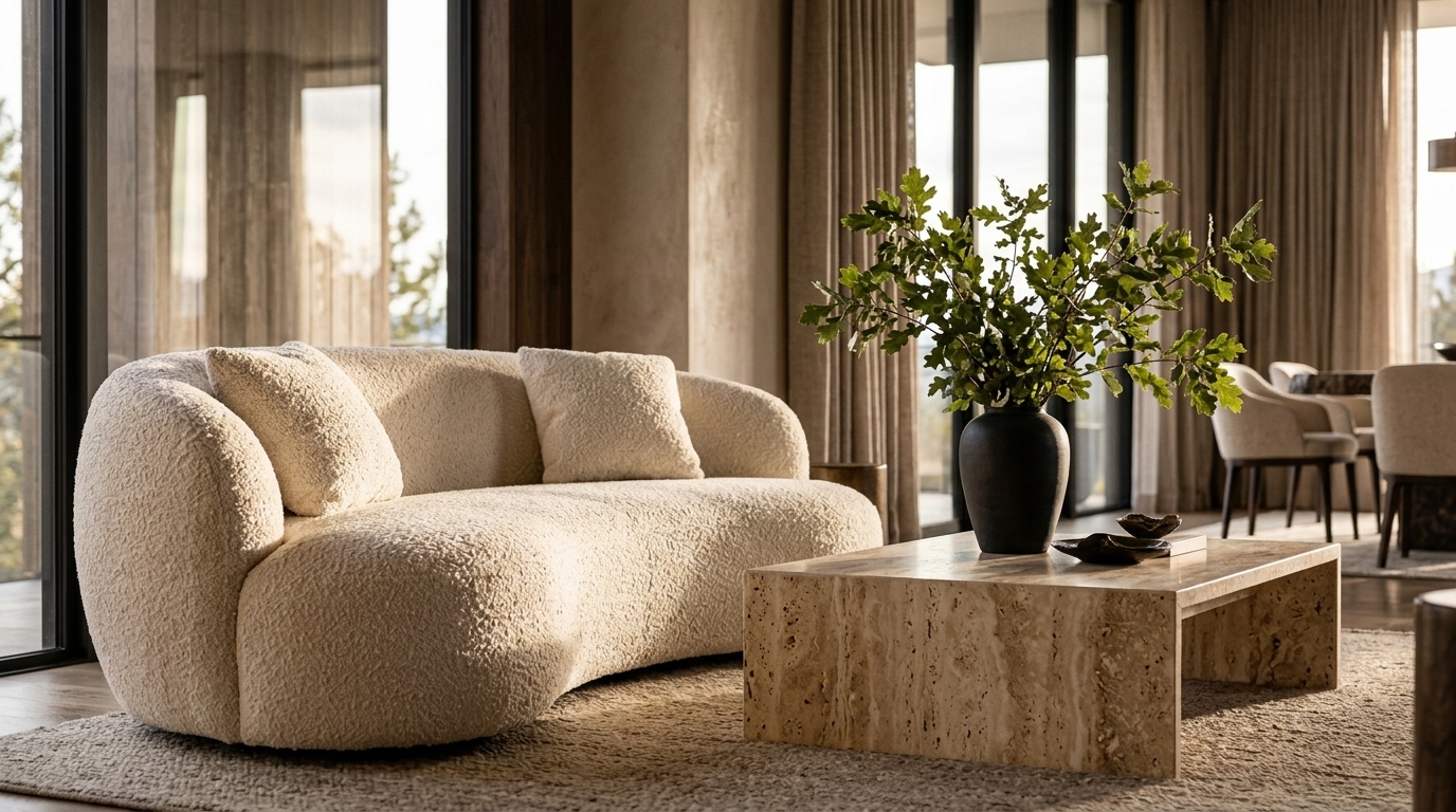 Curved cream upholstered sofa next to a travertine coffee table in a softly lit modern room