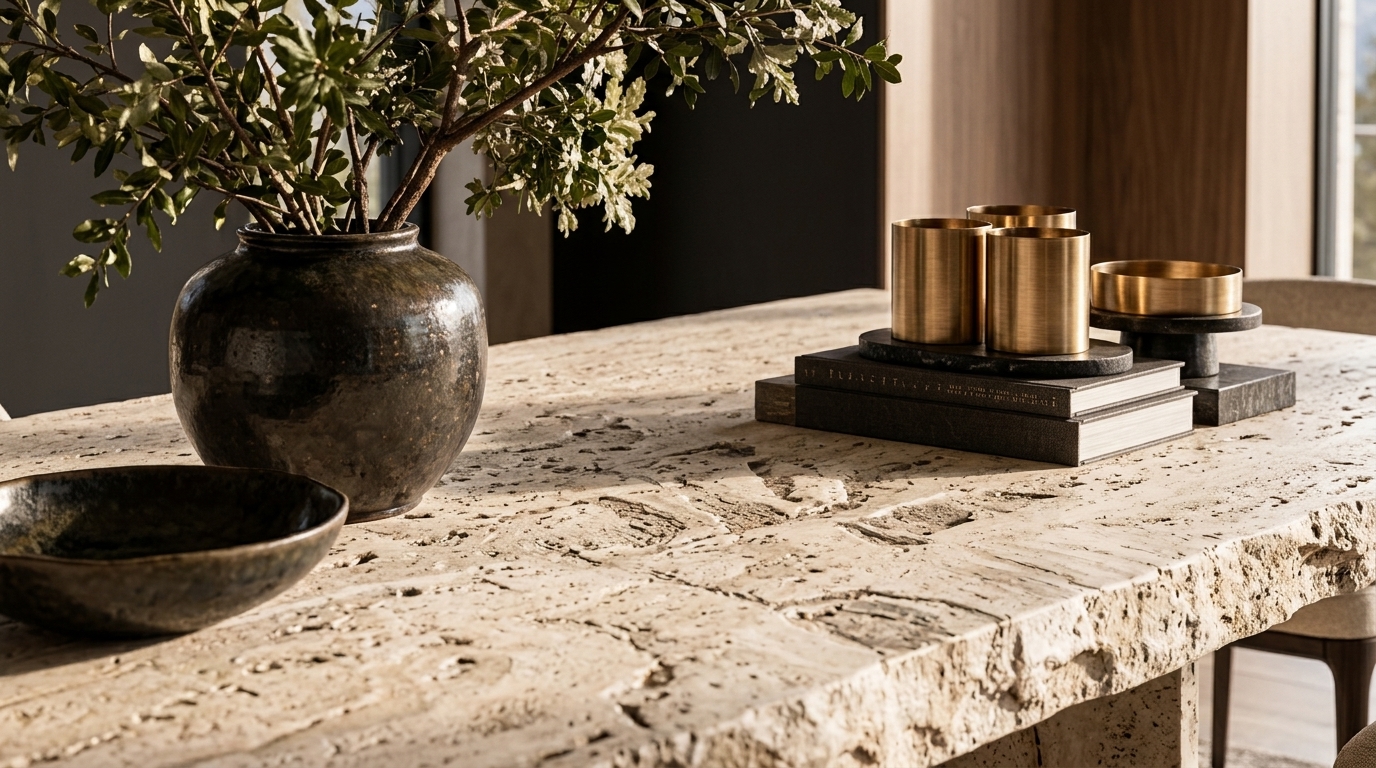 Travertine surface and richly textured decorative objects with dark ceramics and warm metal accents